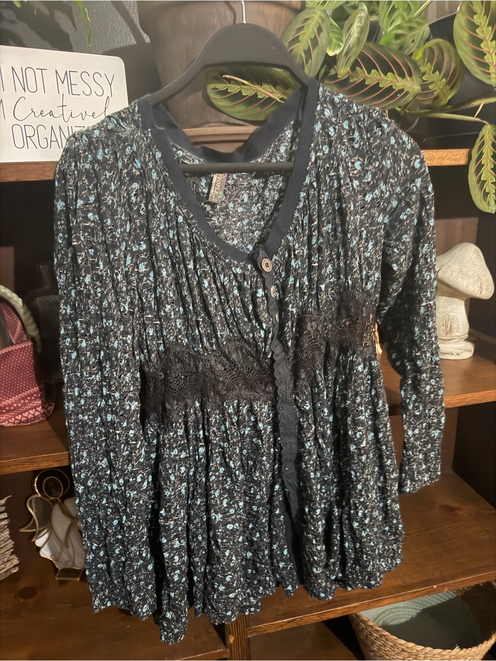 Free People Blue Floral Lace-Trim Button Front Blouse